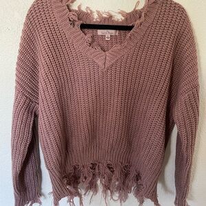 Love Tree Women's V-Neck Distressed Sweater in Mauve